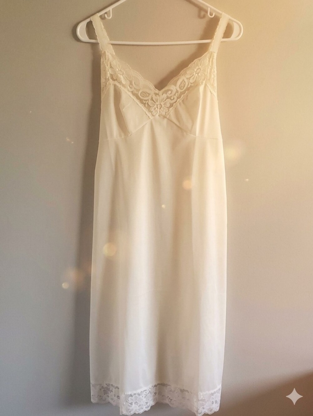 Vintage French Maid Lace Trim Ivory Slip Dress Night Gown with V-Neck Sz M 36